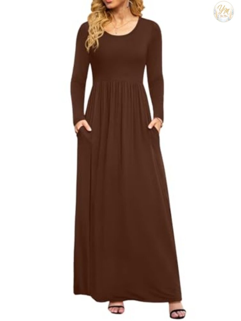 Long Sleeve Maxi Dress Empire Waist A-Line with Pockets